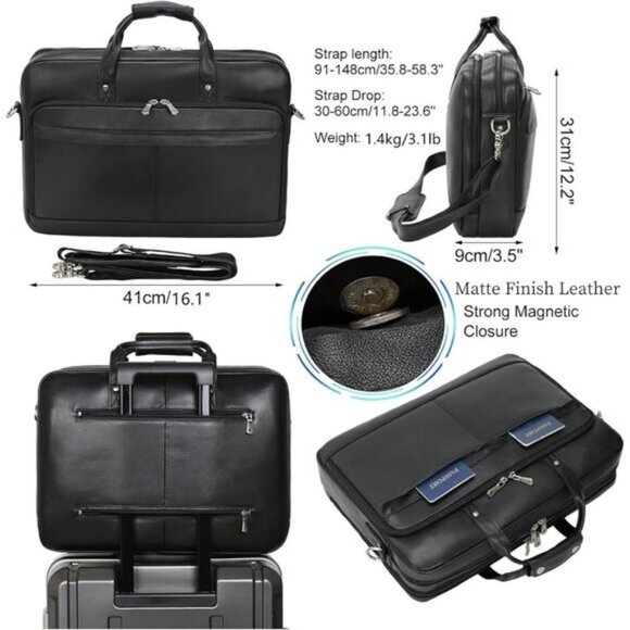 ⚡Men Black Fits 15.6 Inch Laptop Crossbody Bag Attached Leather Briefcase - Picture 2 of 8